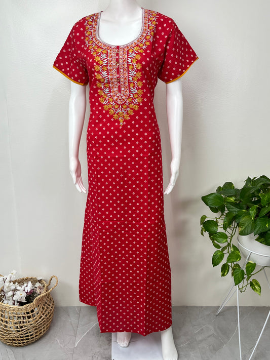 Red Cambric Cotton Nightgown Soft & Comfortable