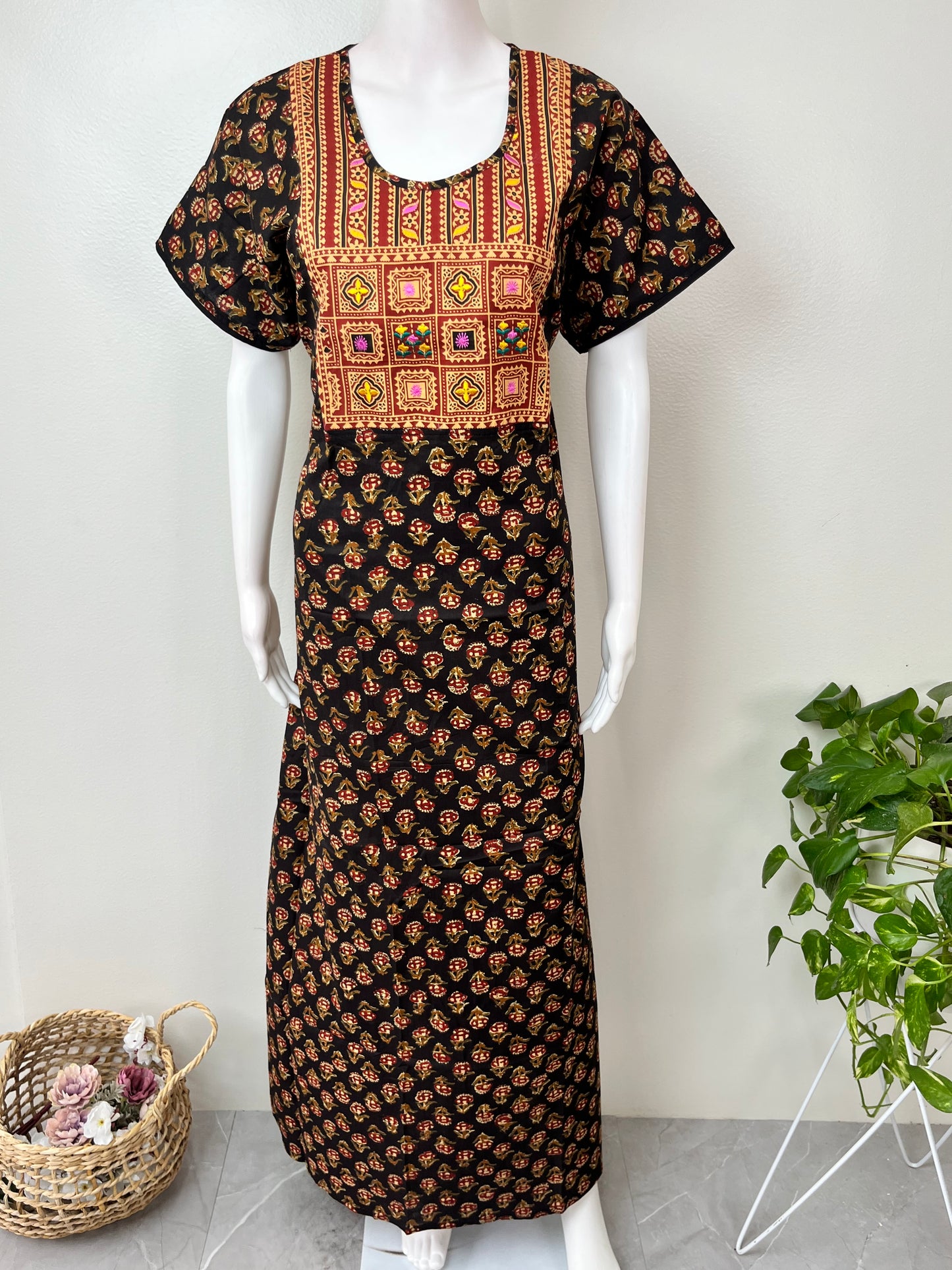 Kalamkari Embroidered Cambric Cotton Nighty for Women