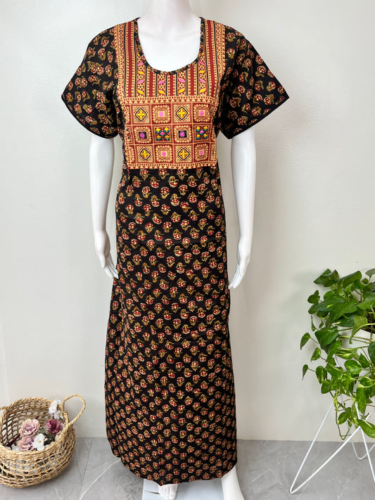 Kalamkari Embroidered Cambric Cotton Nighty for Women