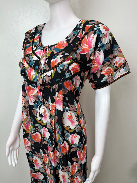 Black Floral Printed Cambric Cotton Women's Nighty