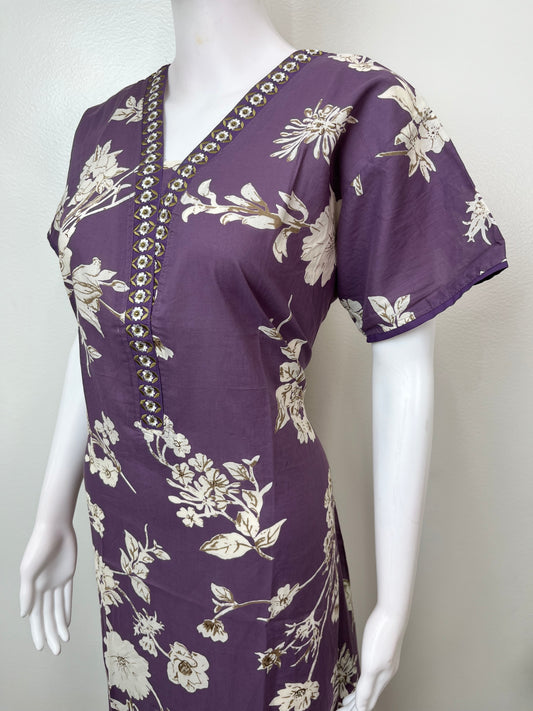 Purple Floral Printed Cambric Cotton Nighty