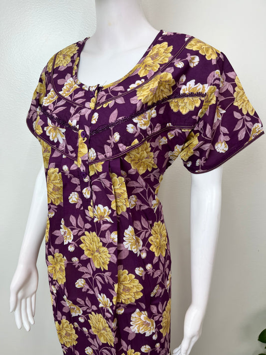 Purple & Yellow Cambric Cotton Women's Nightgown