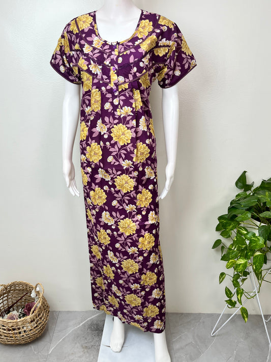 Purple & Yellow Cambric Cotton Women's Nightgown