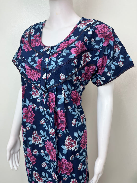 Navy Blue Pleated Style Cambric Cotton Nightgown