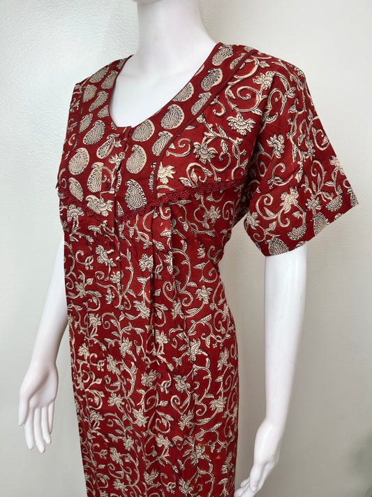 Maroon Pleated Cambric Cotton Nightgown for Women