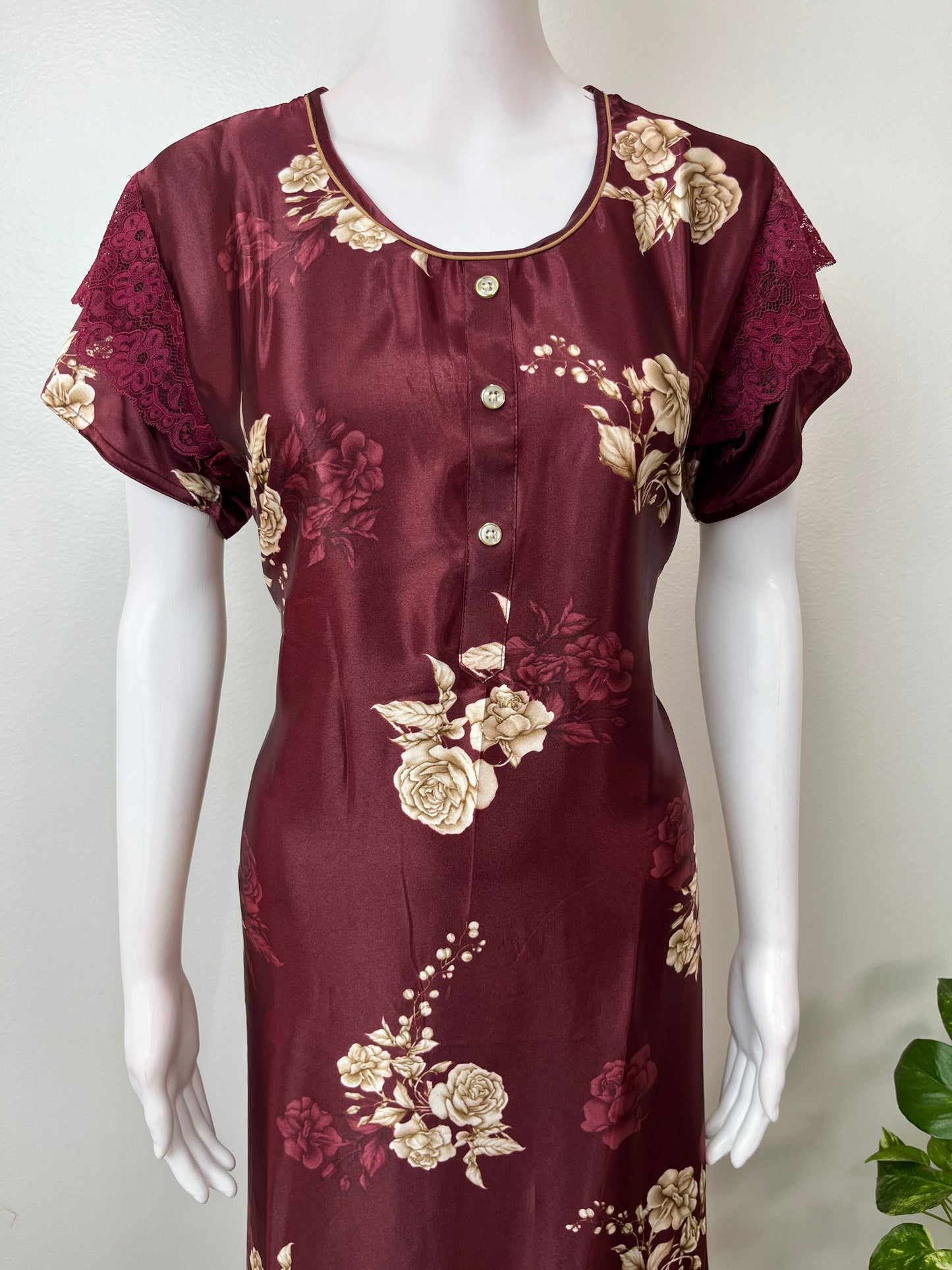 Maroon Glossy Satin Fabric Nighty