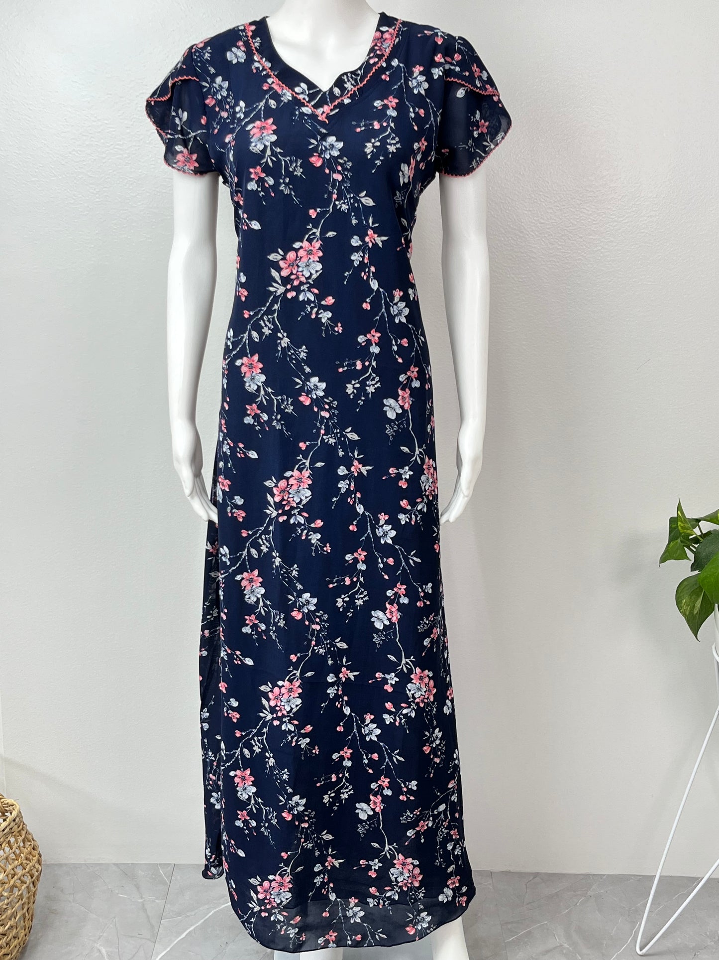 Navy Blue Chiffon Nightgown for Women