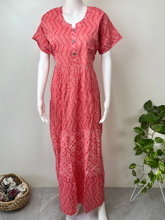 Red Bandhani Print Rayon Fabric Nightgown