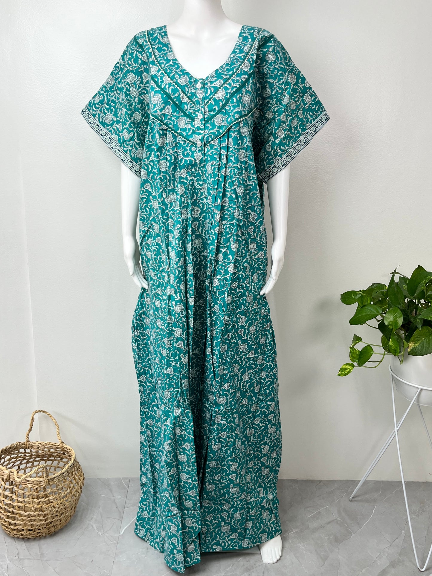 Sea Green Pleated Style 100% Cotton Nightgown
