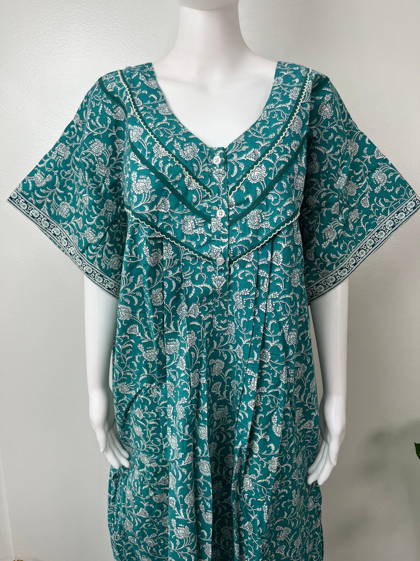 Sea Green Pleated Style 100% Cotton Nightgown
