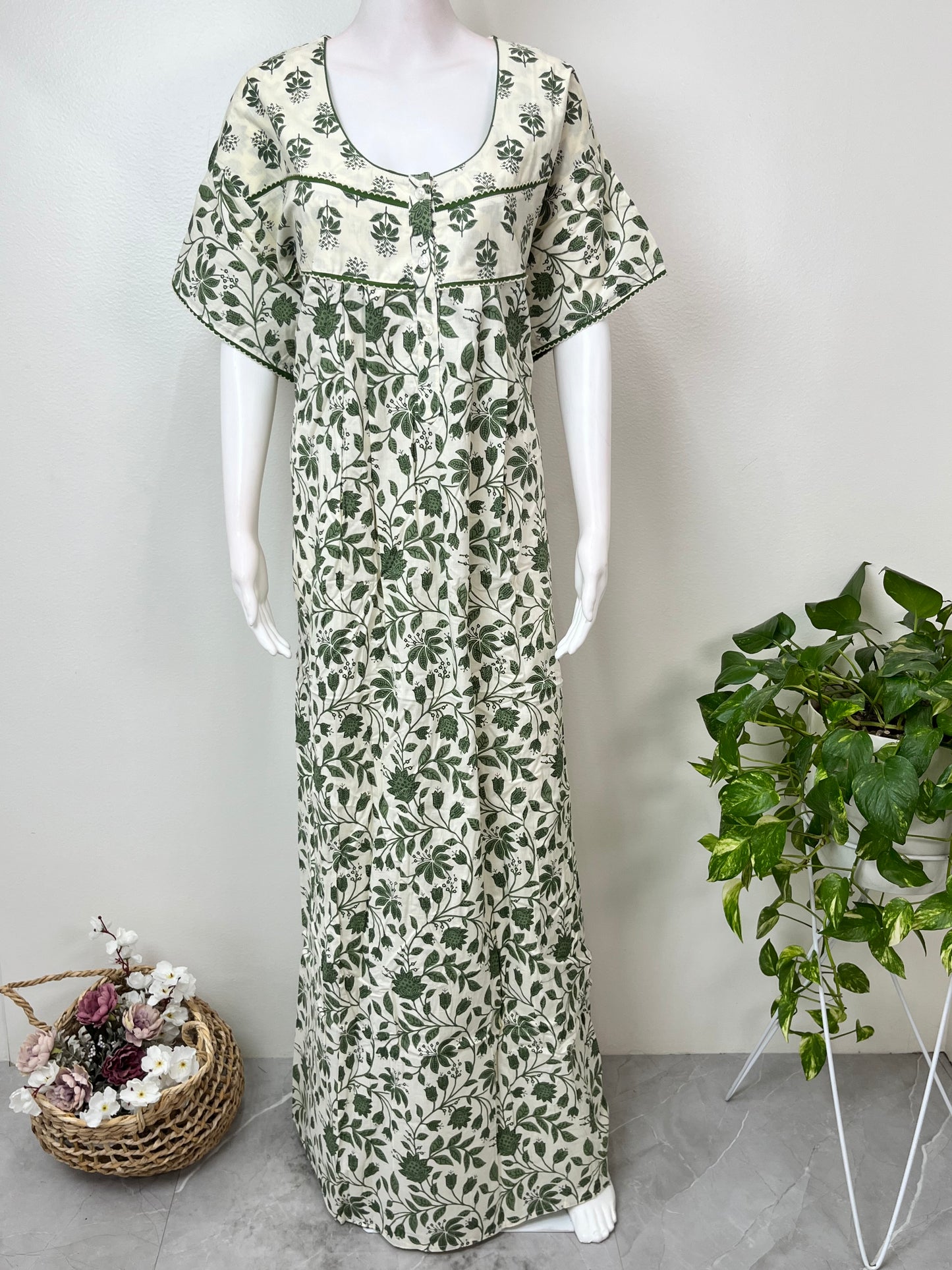 Green Pleated 100 % Cotton Nighty