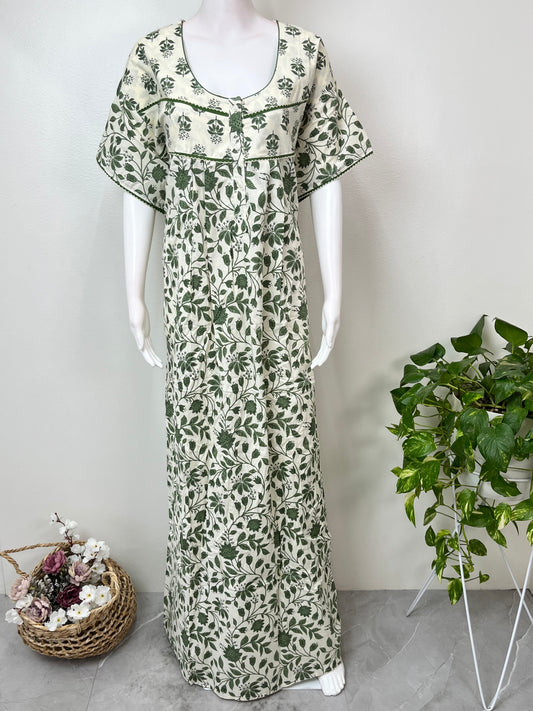 Green Pleated 100 % Cotton Nighty