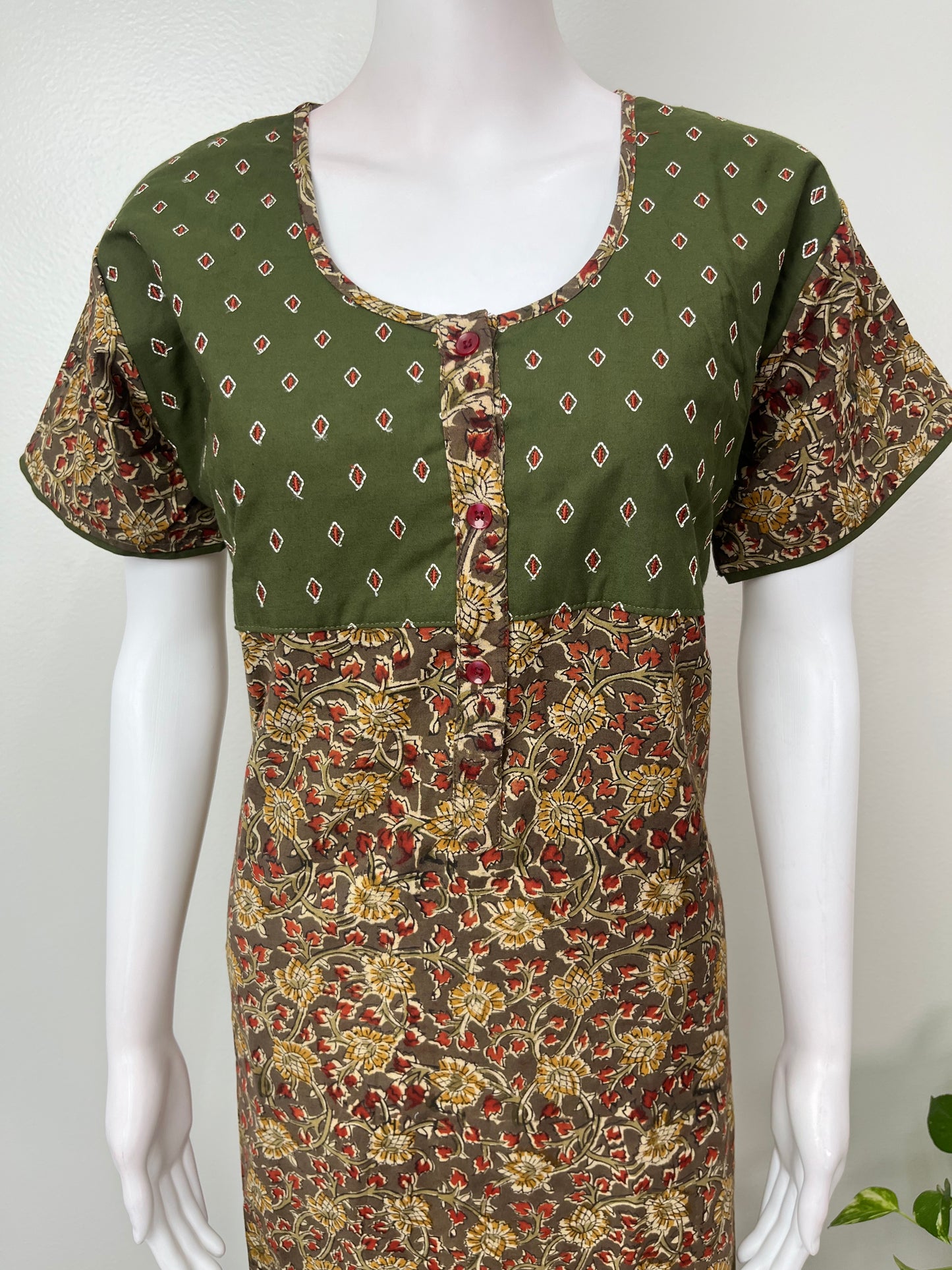 Olive Green Kalamkari Embroidered Nightgown