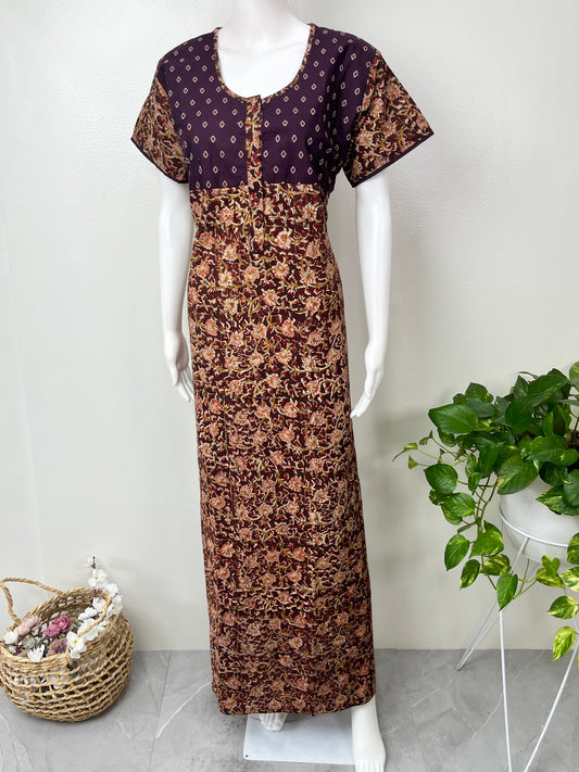 Brown Kalamkari Printed with Contrast Embroidery