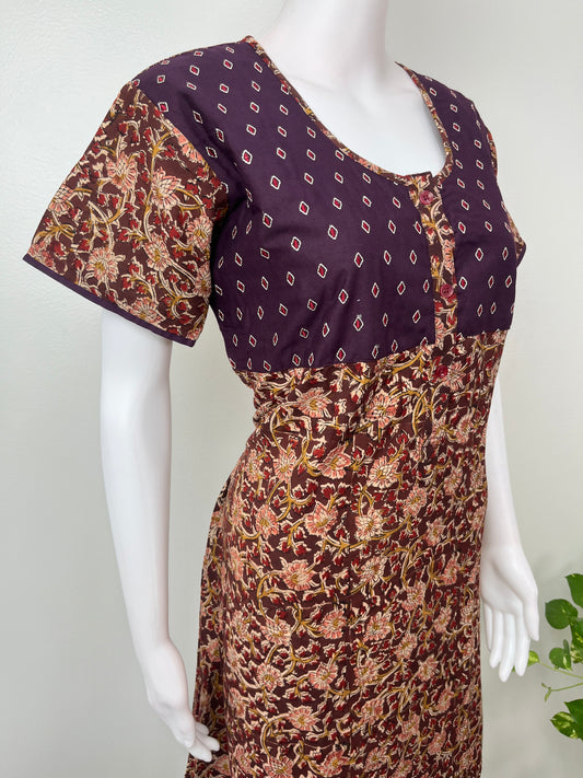 Brown Kalamkari Printed with Contrast Embroidery