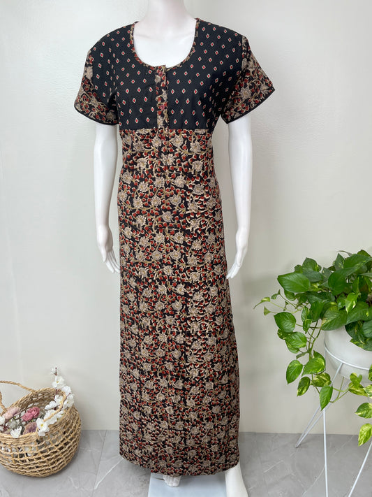 Black Pure Cotton Embroidered Nighty for Women