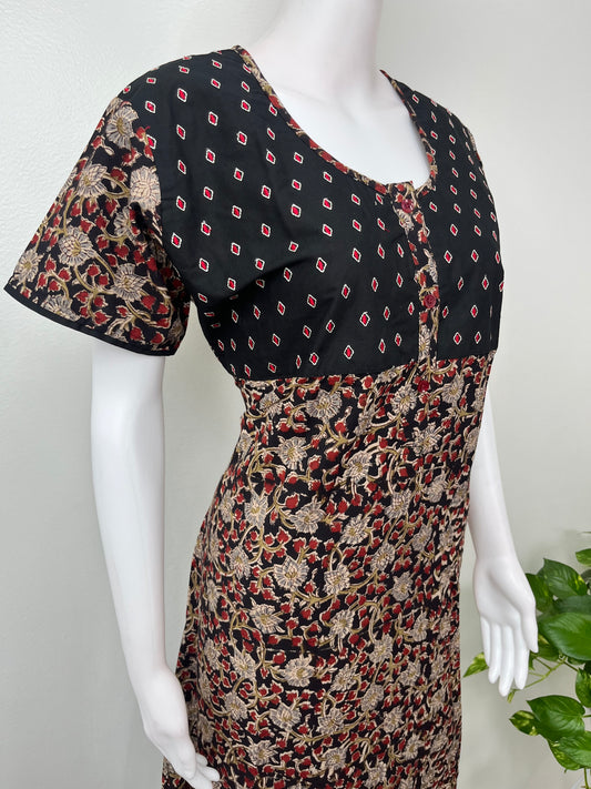 Black Pure Cotton Embroidered Nighty for Women