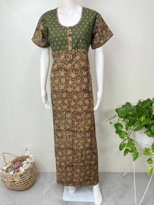 Olive Green Kalamkari Embroidered Nightgown