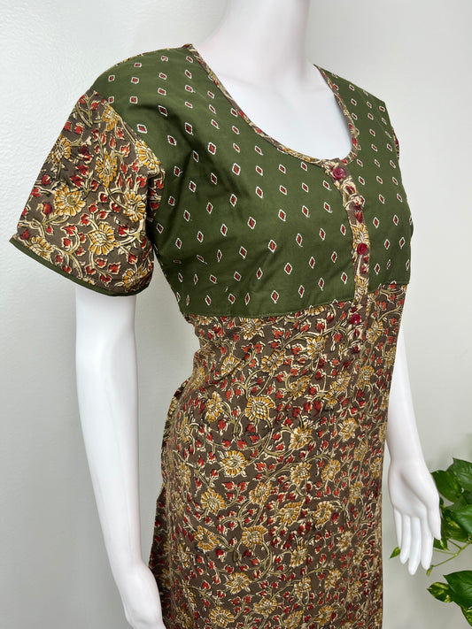Olive Green Kalamkari Embroidered Nightgown