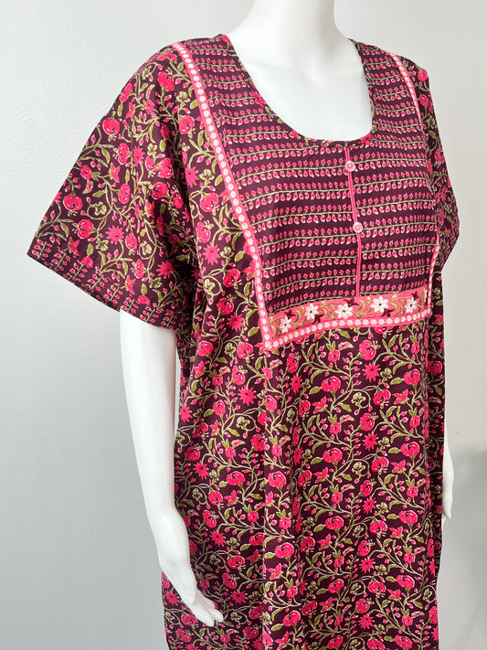 Maroon 100% Pure Cotton Embroidery Women's Nighty