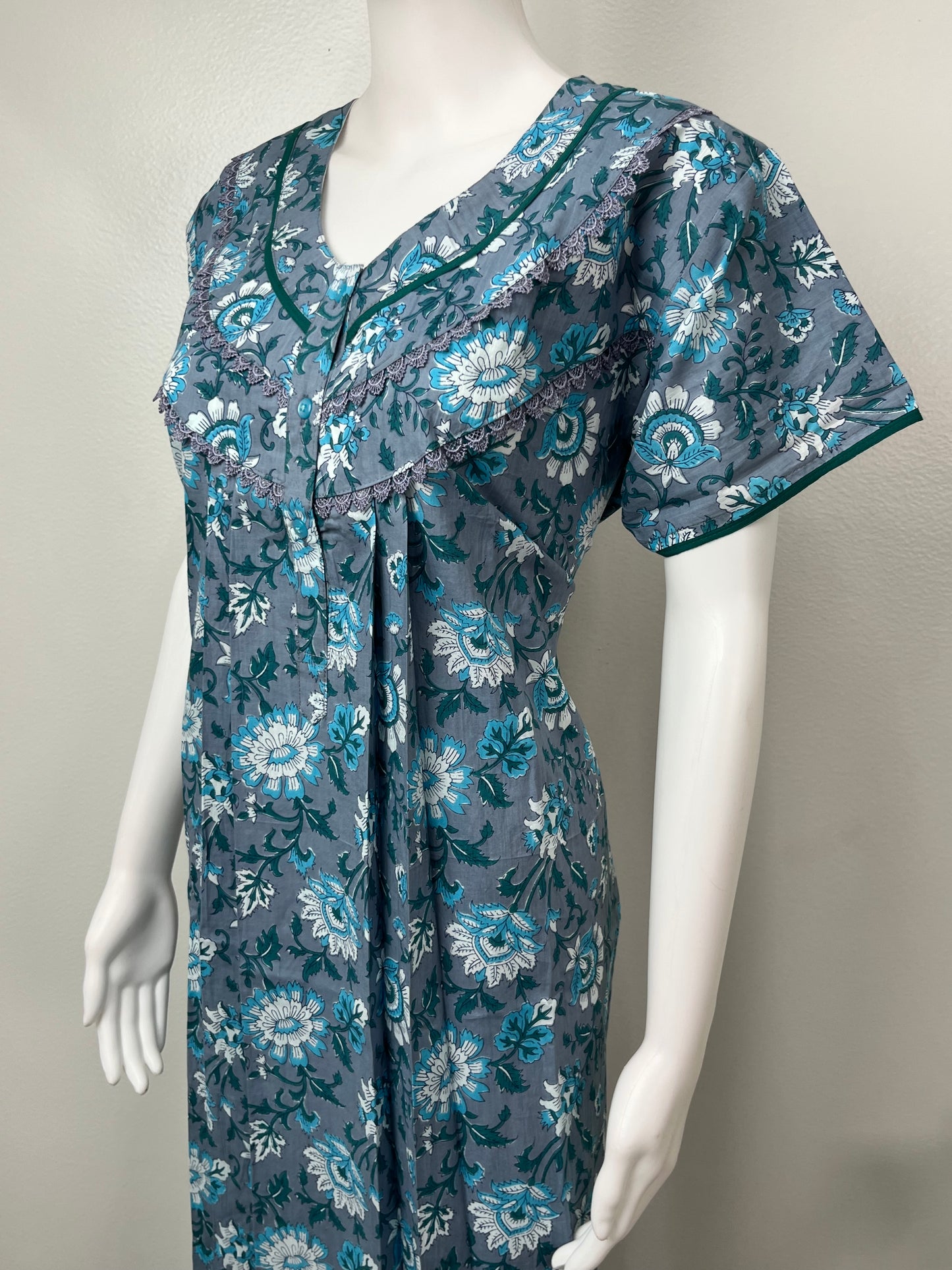 Grey Pure Cotton Nighty with Contrast Print