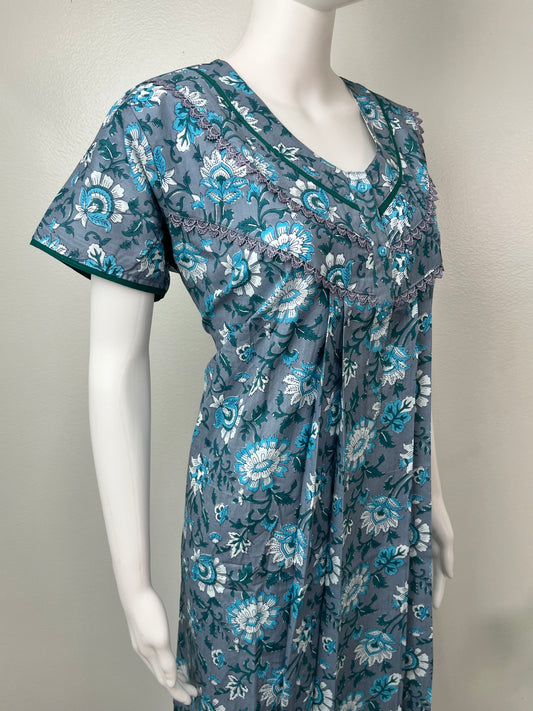 Grey Pure Cotton Nighty with Contrast Print