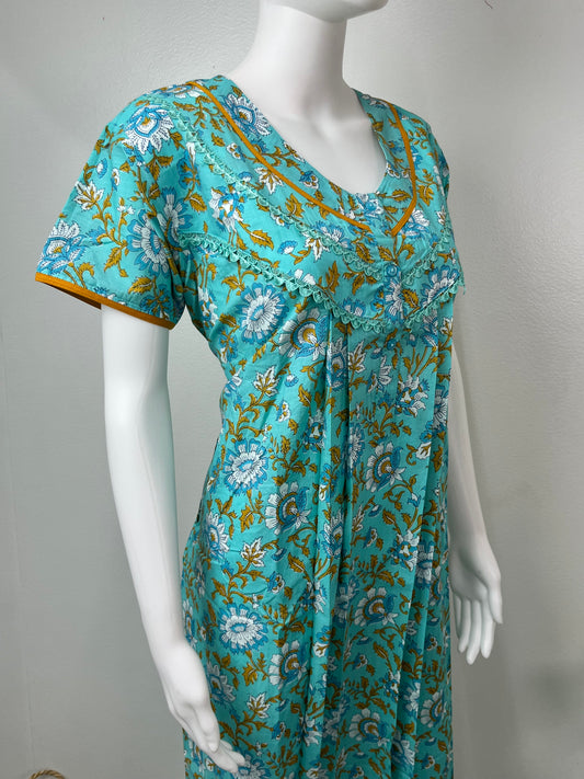 Teal Blue Floral Printed 100% Cotton Nightgown