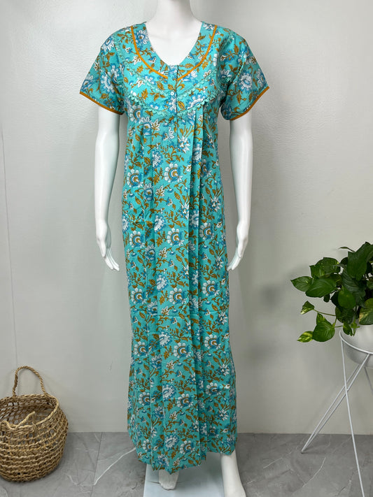 Teal Blue Floral Printed 100% Cotton Nightgown