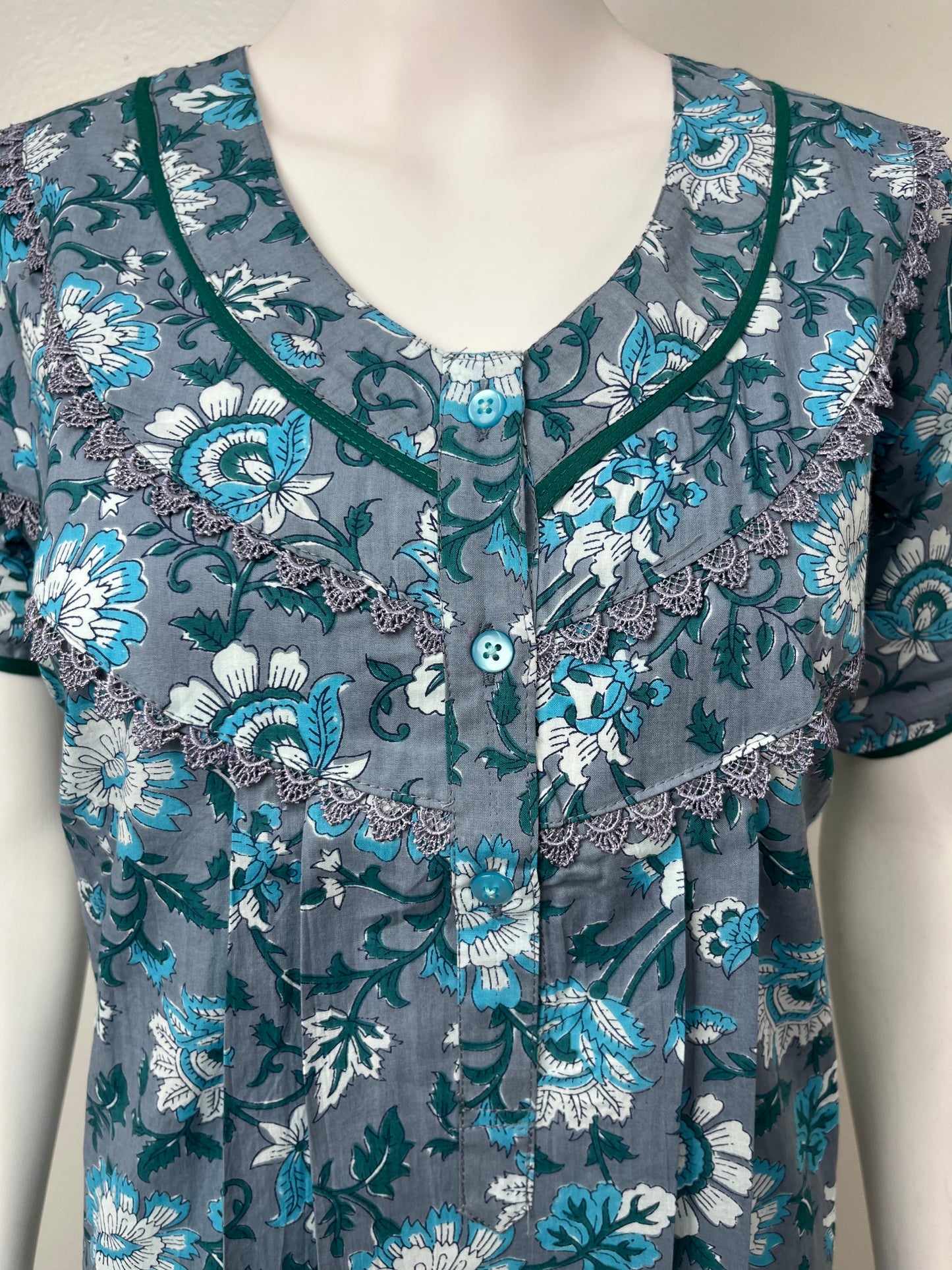 Grey Pure Cotton Nighty with Contrast Print