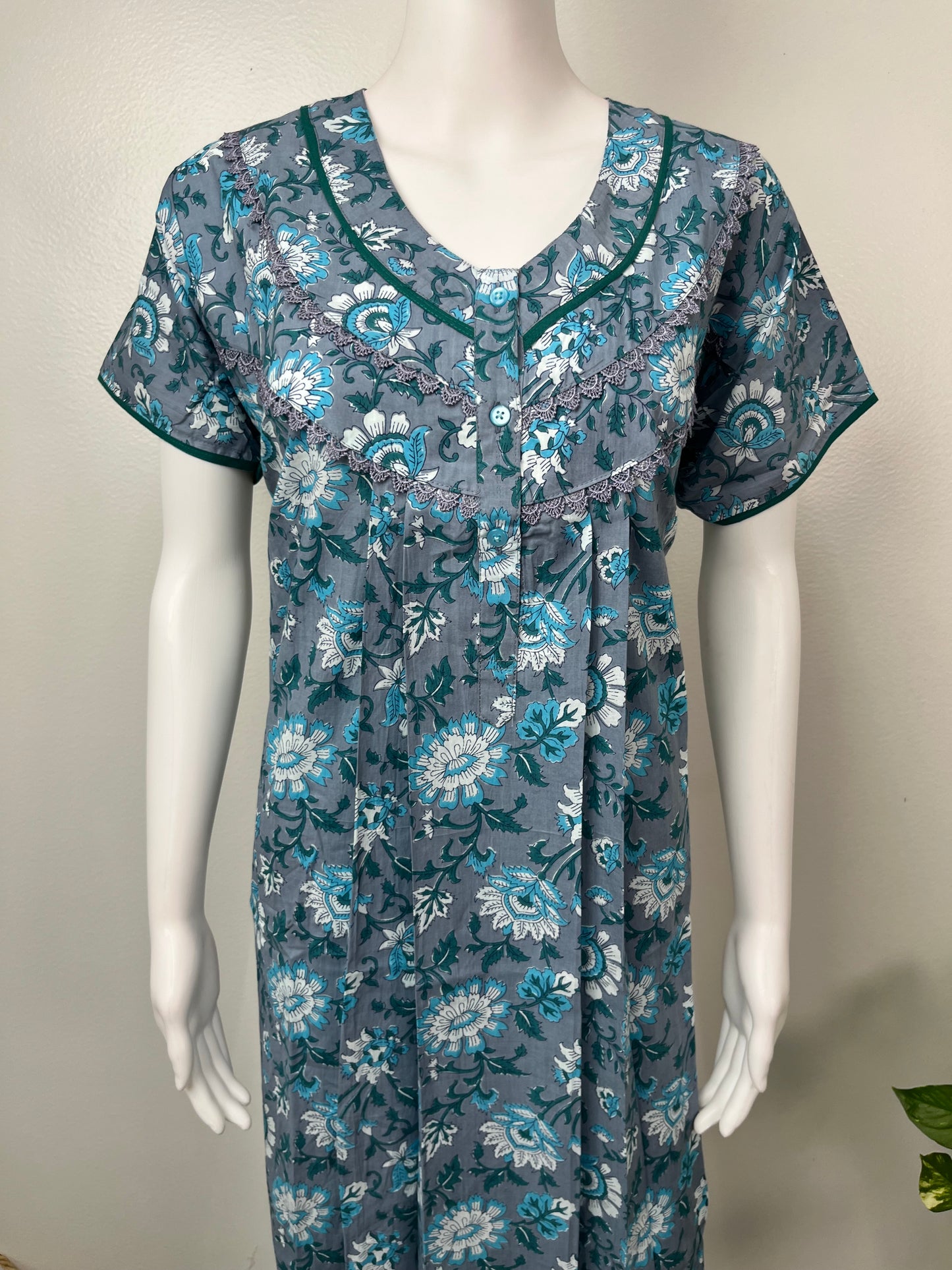 Grey Pure Cotton Nighty with Contrast Print