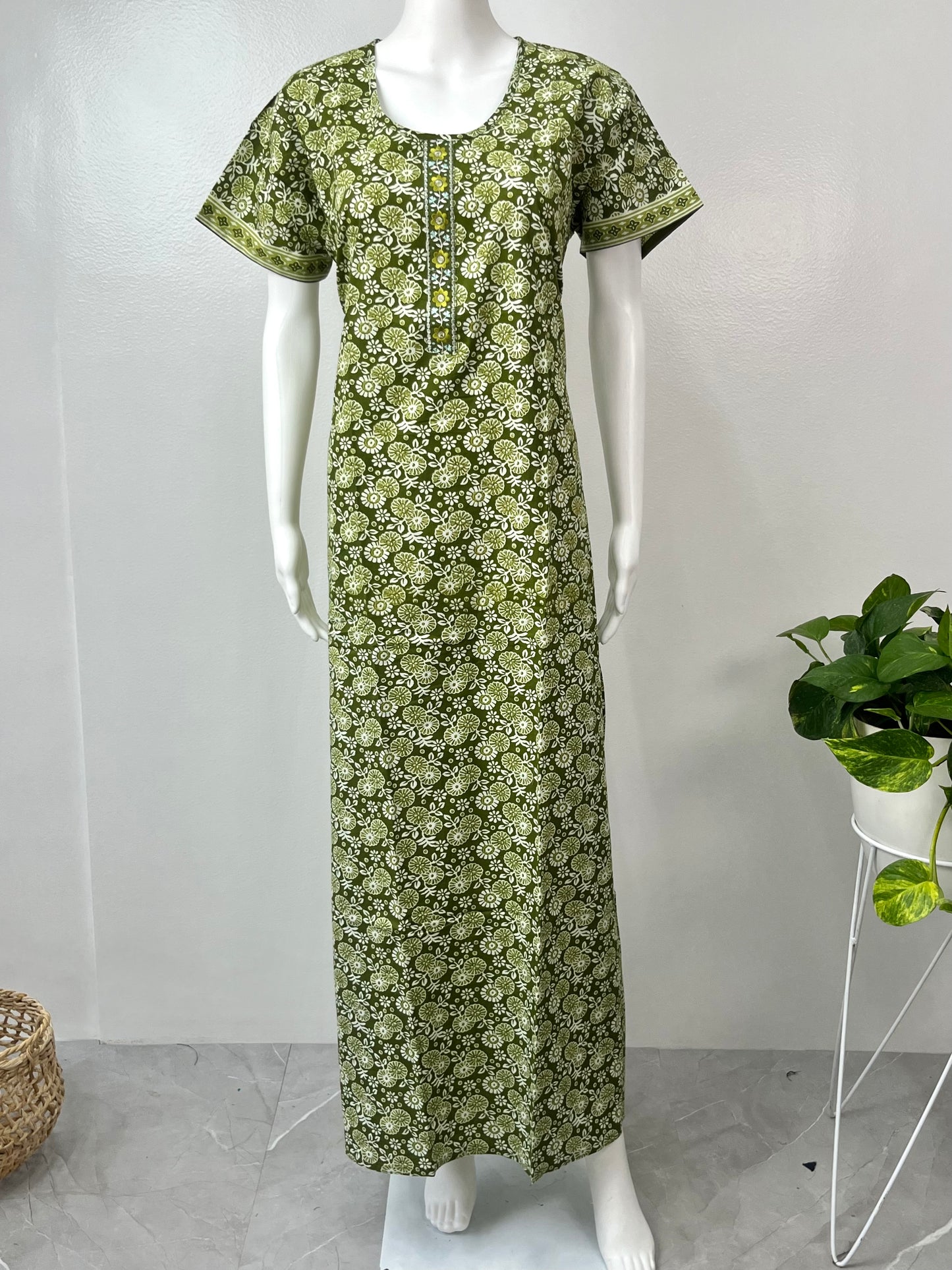 Green A-Line Pure Cotton Nightgown for Women