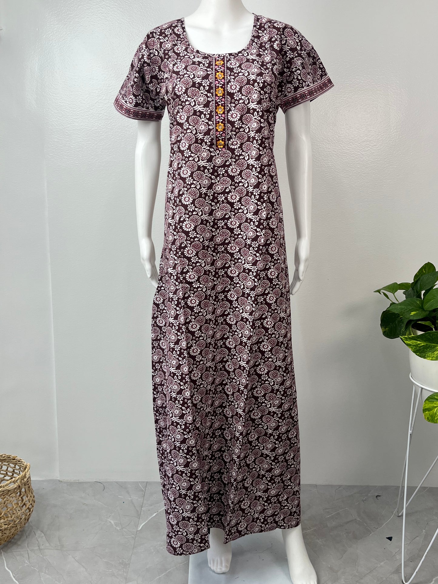 Maroon Printed Pure Cotton Nightgown Soft and Comfortable