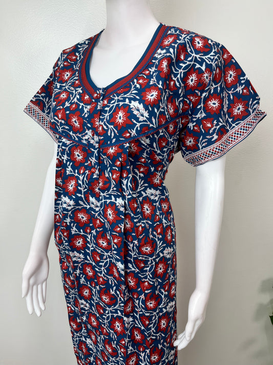 Navy Blue Pleated 100% Cotton Nighty for Women
