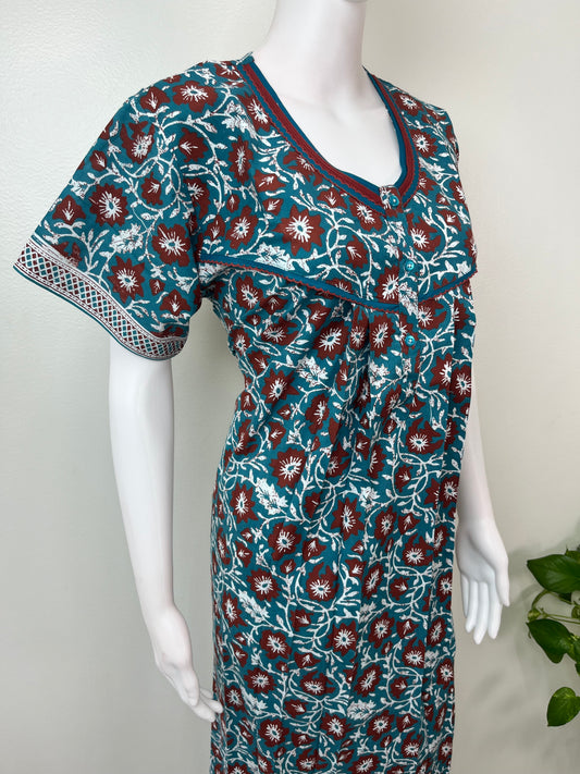 Blue Pure Cotton Nighty with Contrast Print