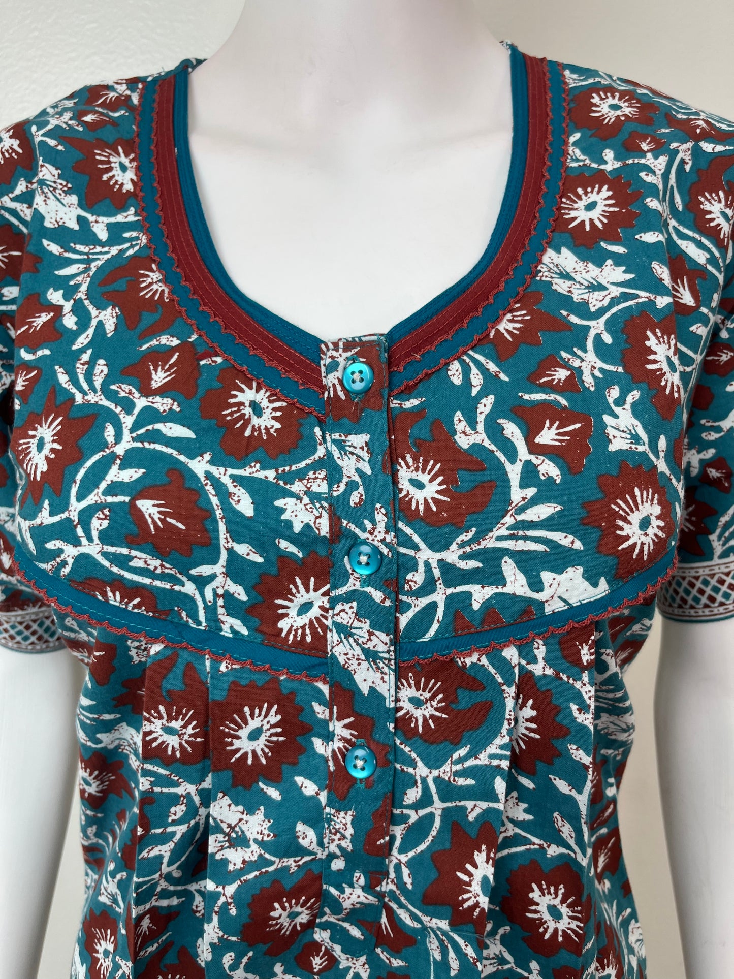 Blue Pure Cotton Nighty with Contrast Print