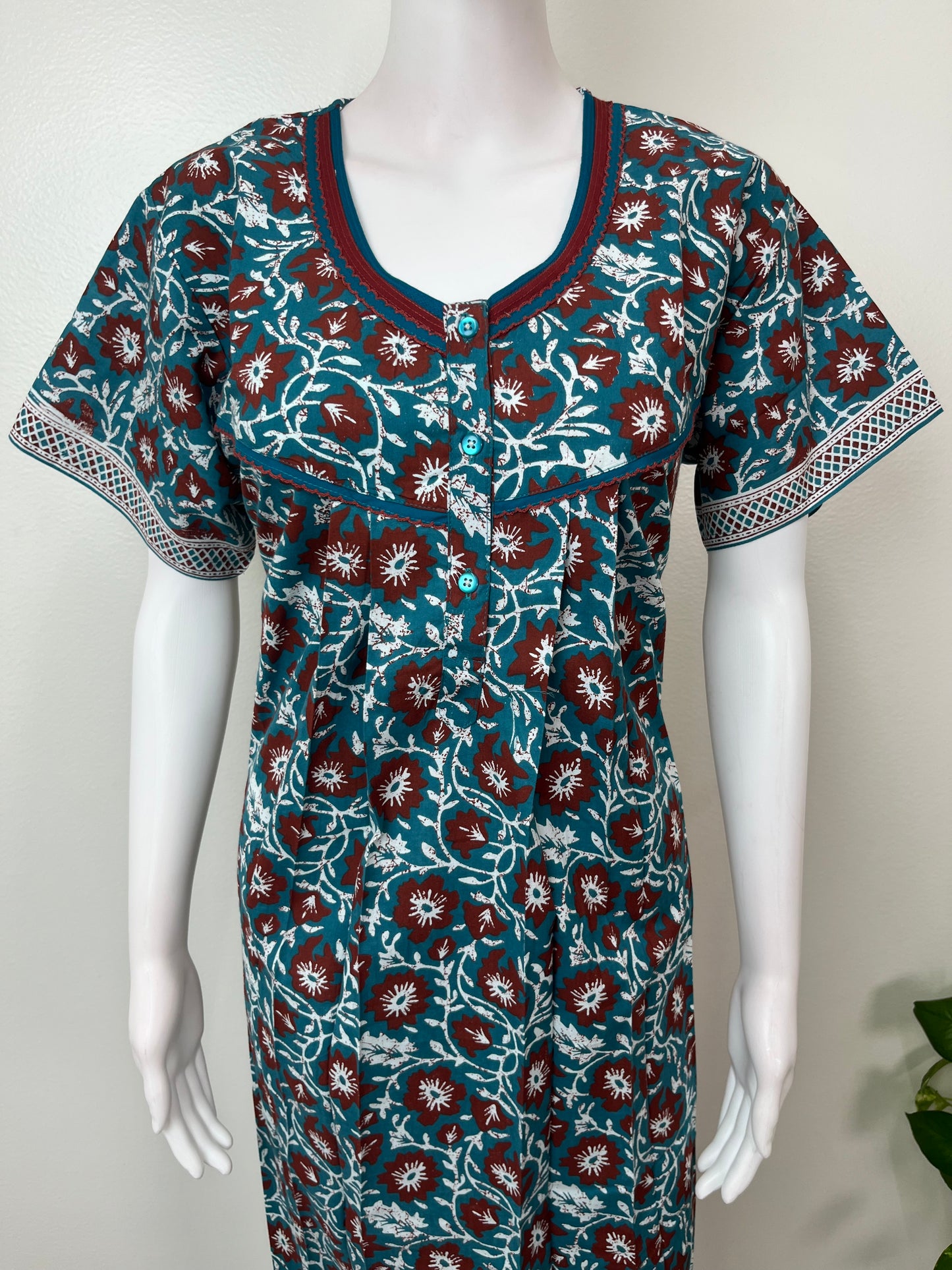 Blue Pure Cotton Nighty with Contrast Print