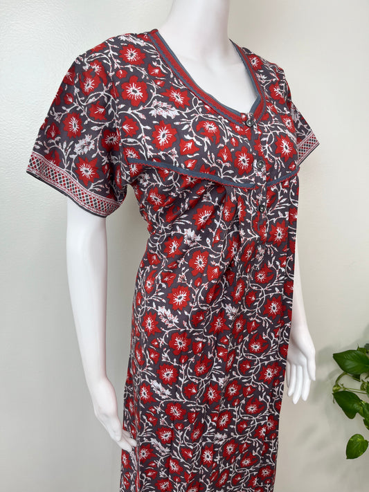 Gray & Red 100% Pure Cotton Nighty