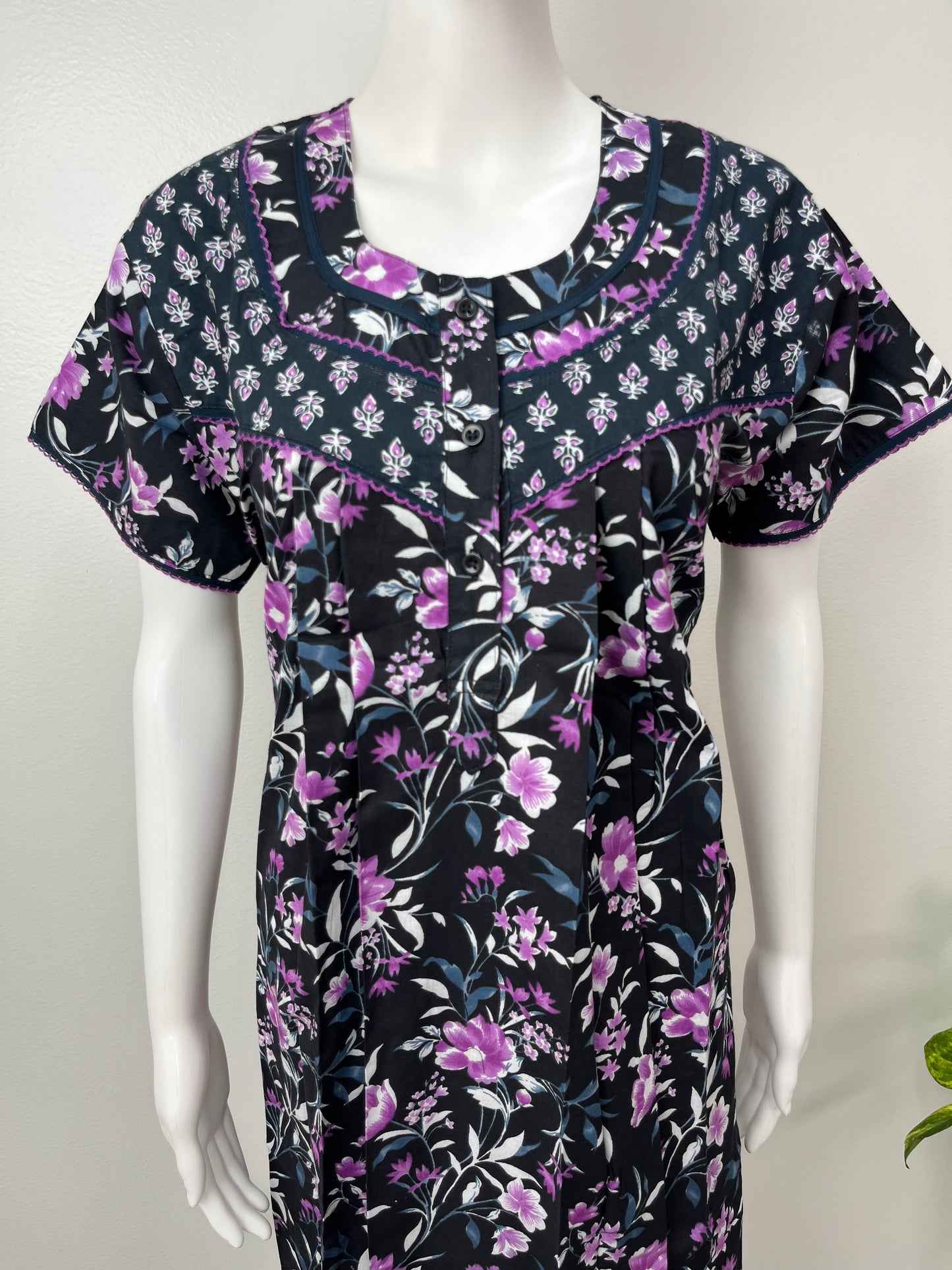 Black Pure Cotton Nighty With Contrast Print