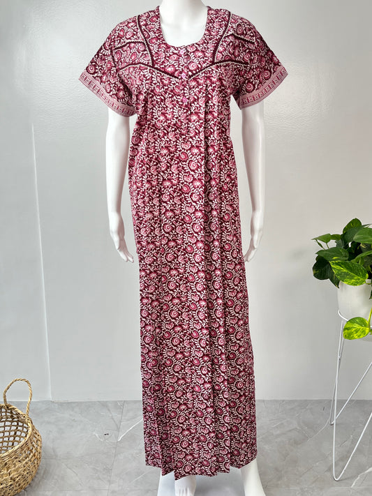 Maroon Pure Cotton Pleated Nighty Soft & Elegant