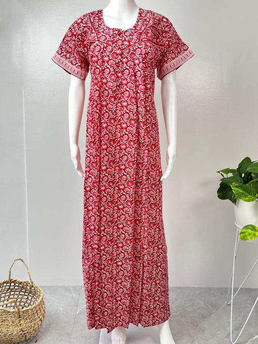 Red Printed Pure Cotton Nightgown for Women