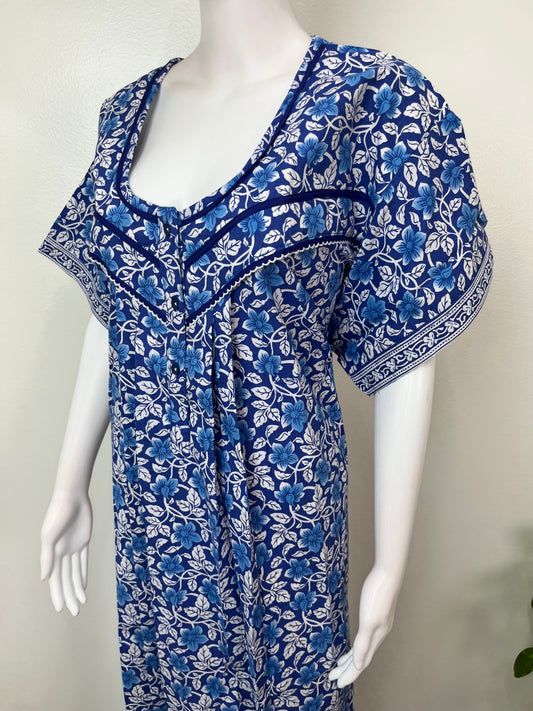 Blue Floral Printed 100% Cotton Nightgown