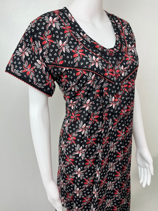 Black Floral Printed 100% Cotton Nightgown