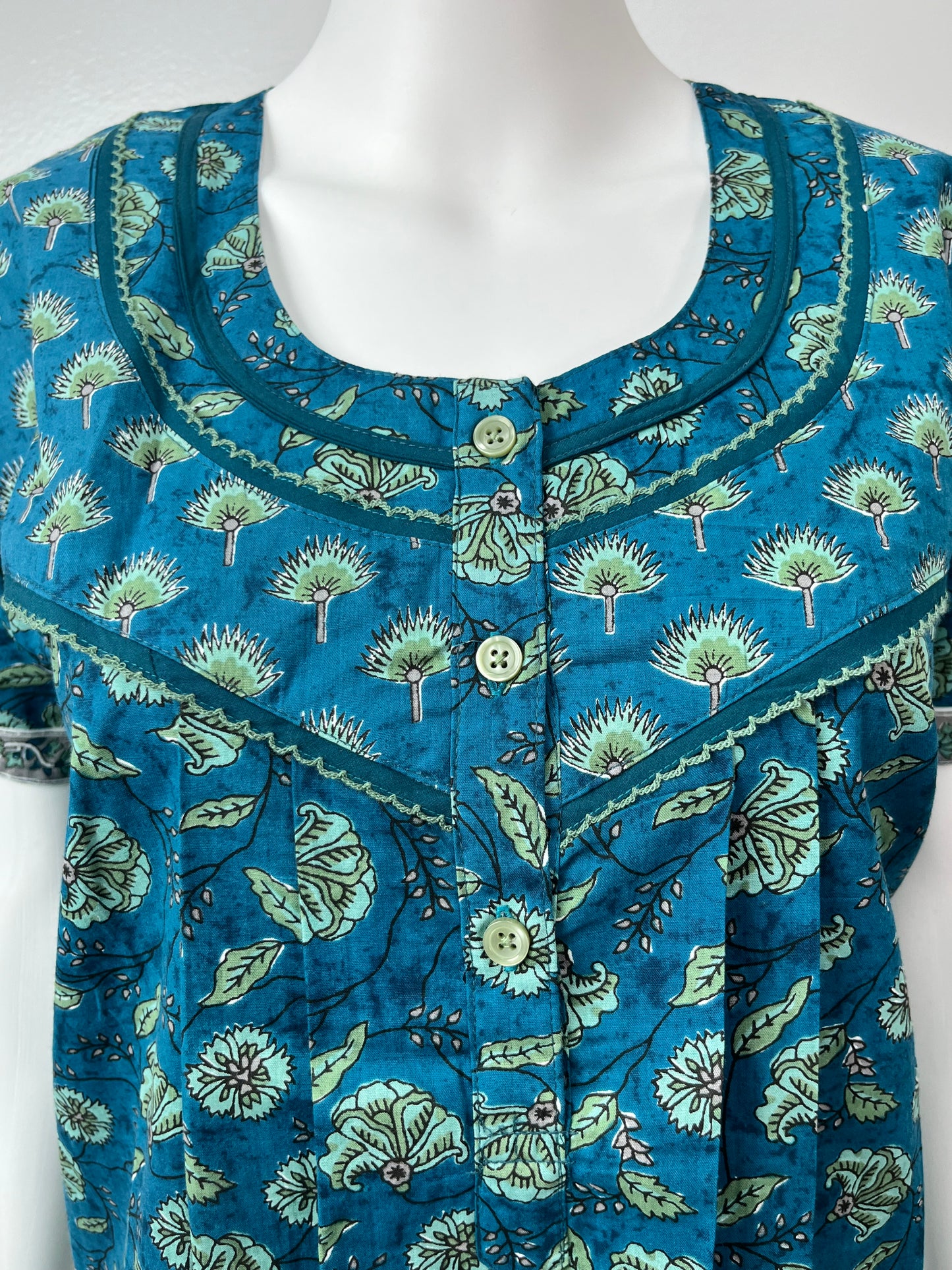 Teal Blue Printed 100% Cotton Nighty for Women