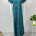 Teal Blue Printed 100% Cotton Nighty for Women