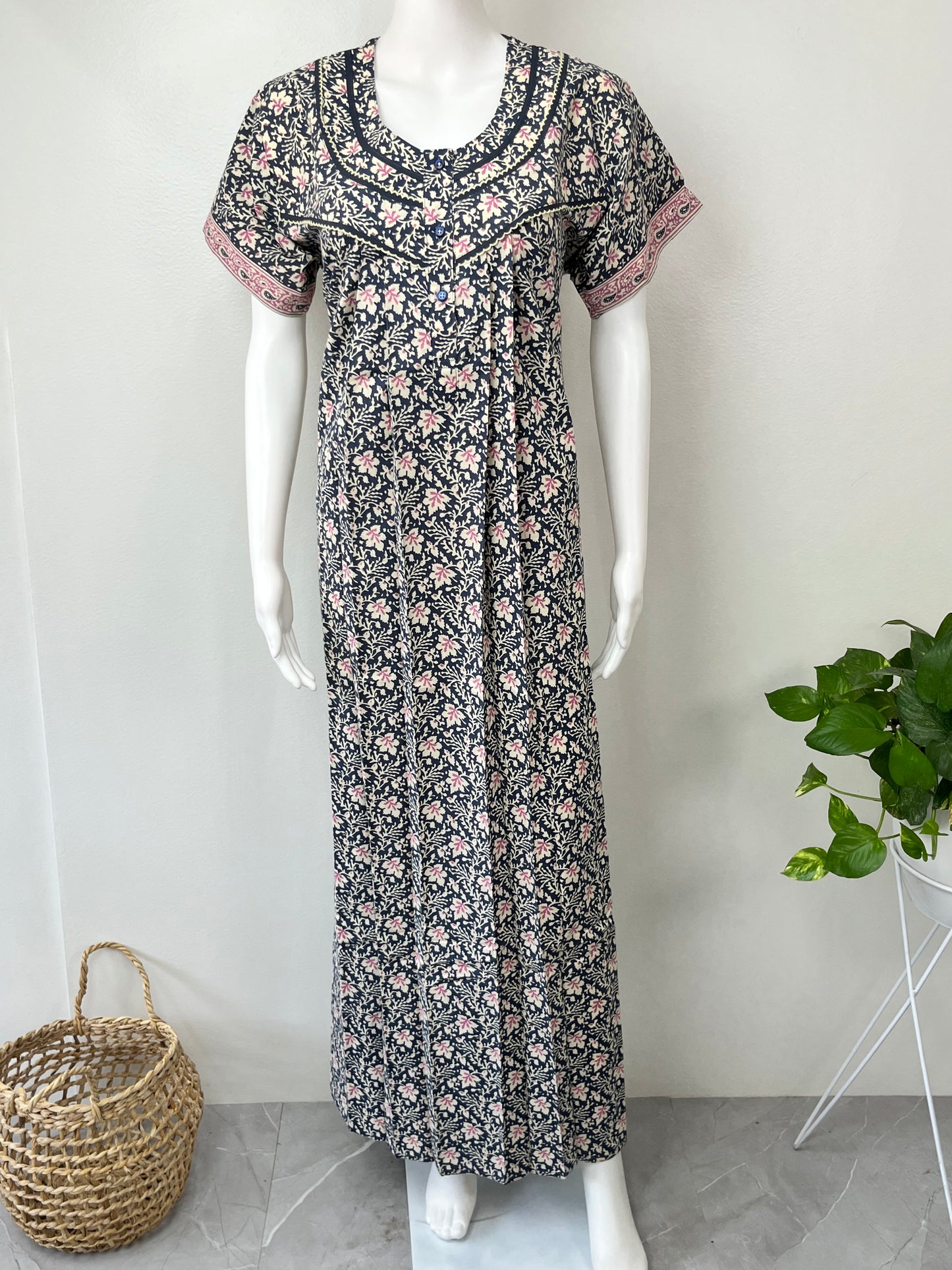Navy Blue Pleated Pure Cotton Women's Nighty