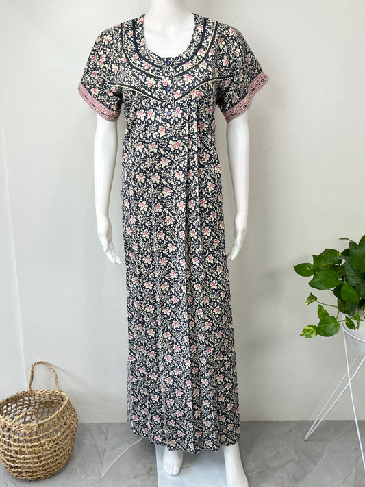 Navy Blue Pleated Pure Cotton Women's Nighty