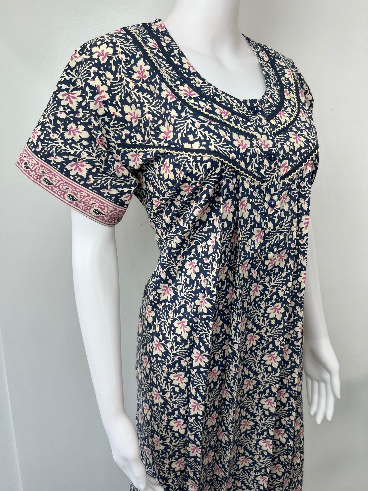 Navy Blue Pleated Pure Cotton Women's Nighty