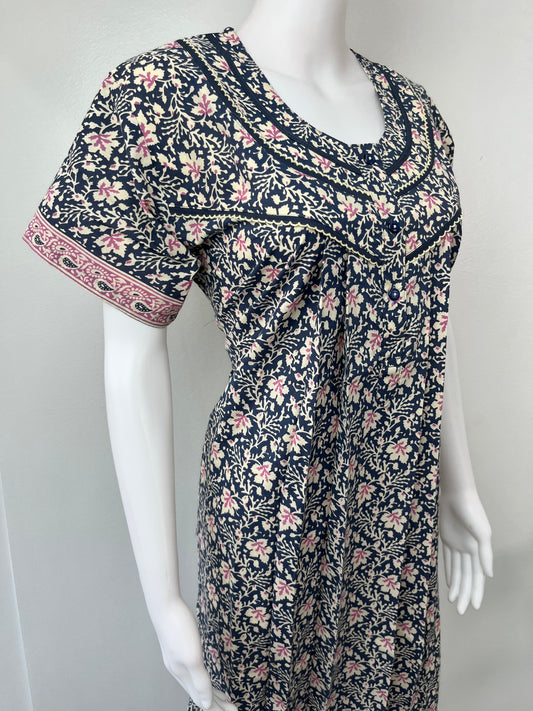 Navy Blue Pleated Pure Cotton Women's Nighty