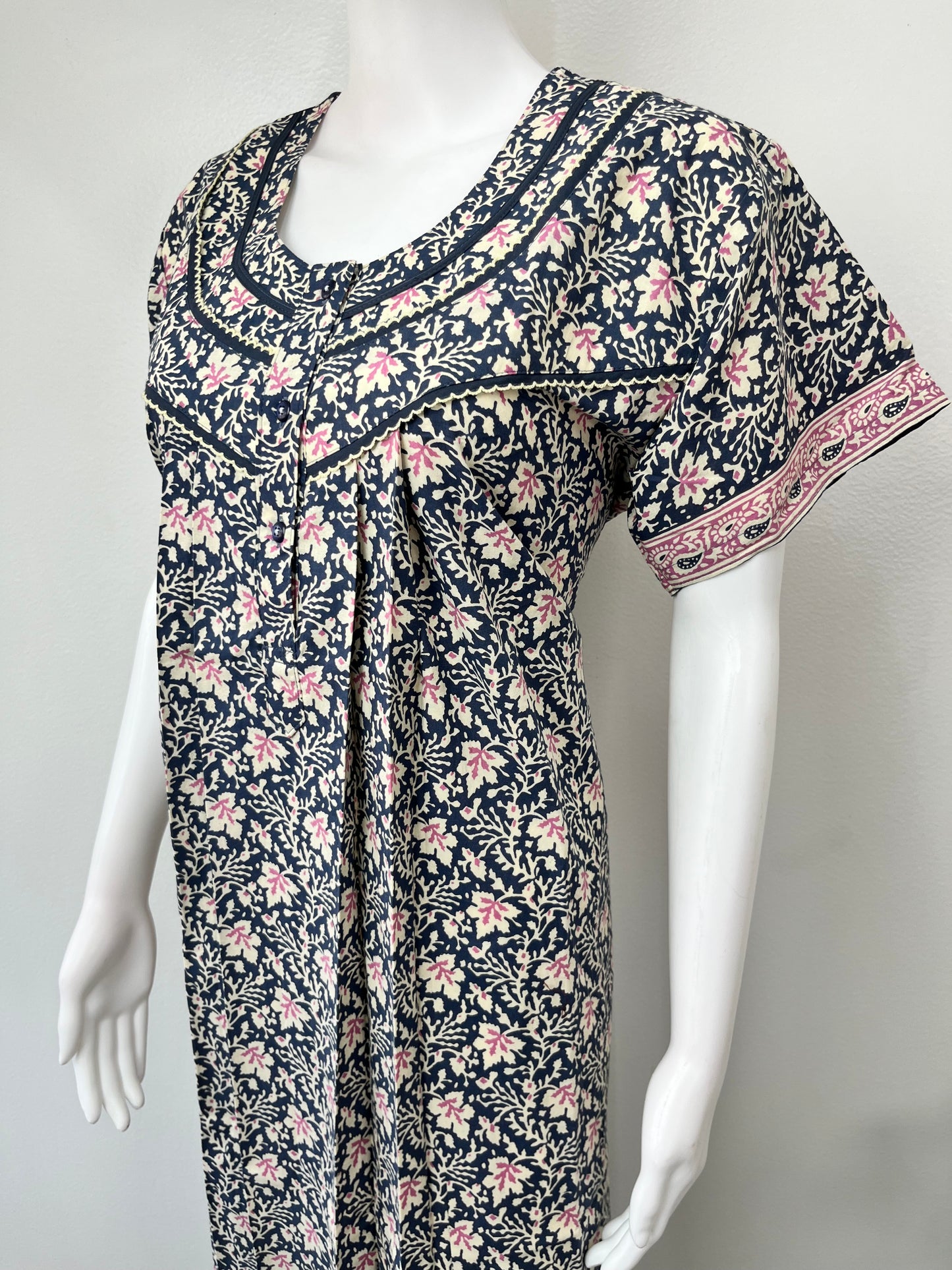 Navy Blue Pleated Pure Cotton Women's Nighty