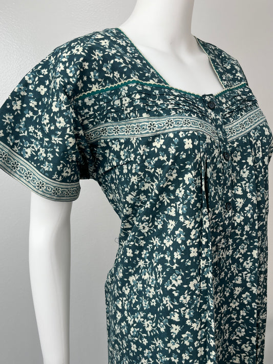 Teal Blue Printed Women's Pure Cotton Nightgown